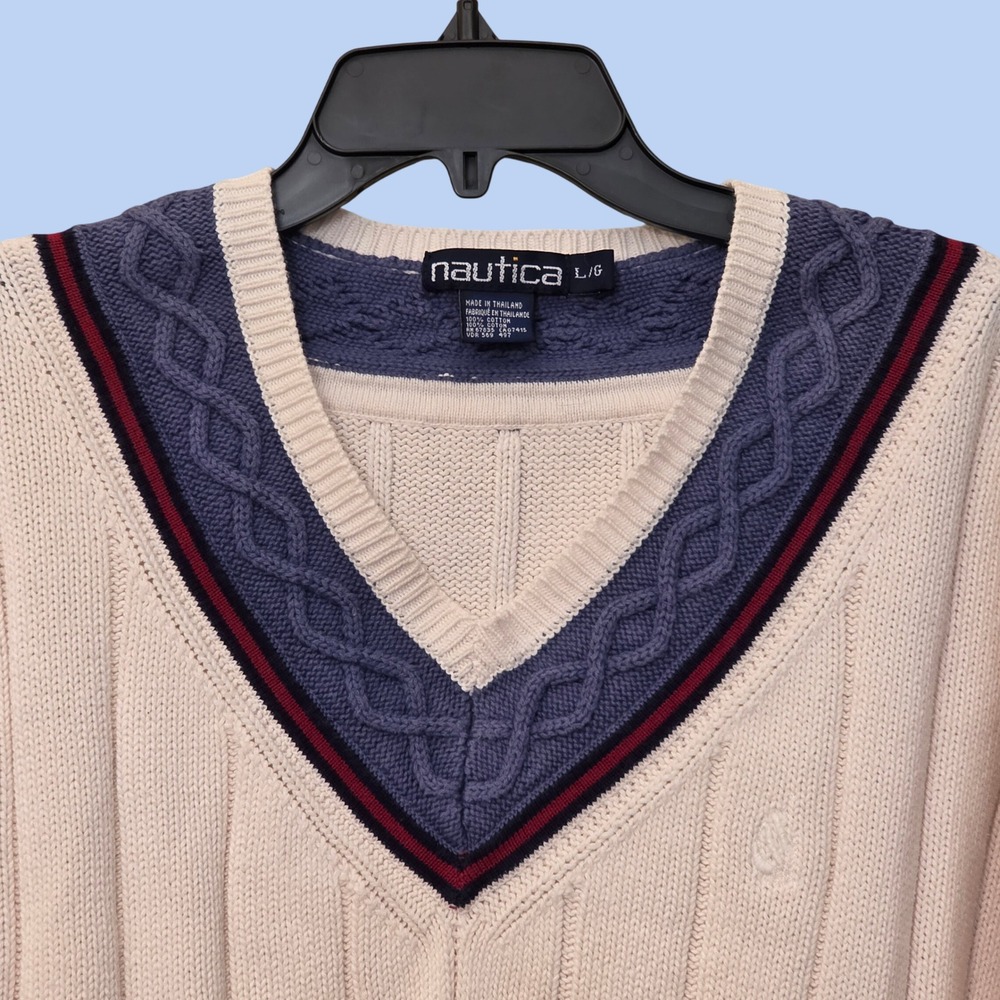 Nautica Mens V-Neck Cable Knit Sweater Cream Navy Red Stripe Large Vintage Style